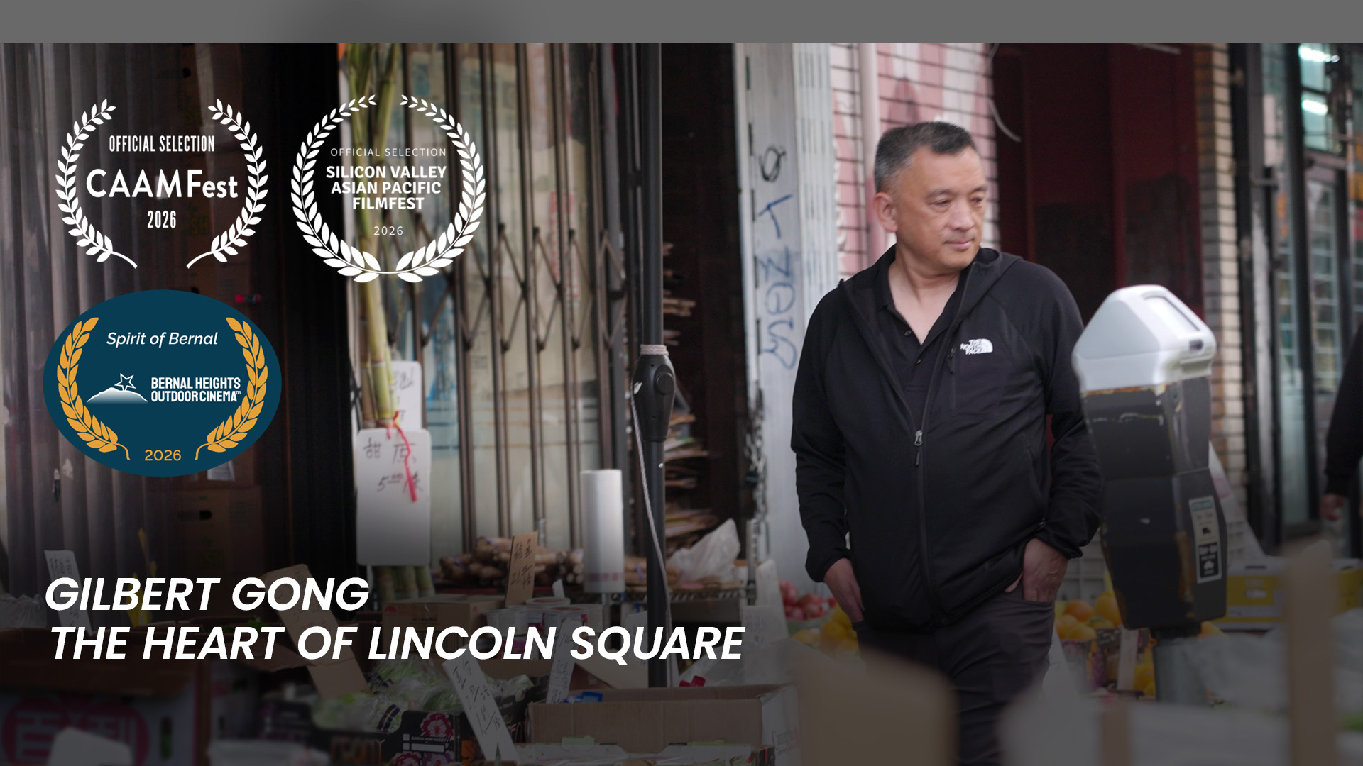Gilbert Gong walking through Oakland Chinatown. Title: Gilbert Gong - Heart of Lincon Square.